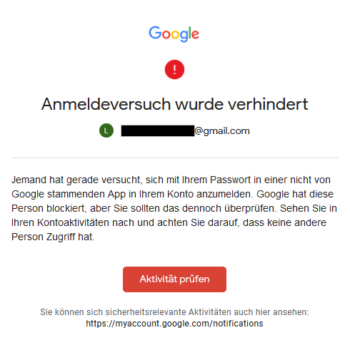 Google: Anmeldeversuch wurde verhindert